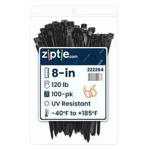 8-inch UV Resistant Black Multi-Purpose Zip Tie, 120-lb Tensile Strength, UL 21S Listed, 100-Pack 8-inch UV Resistant Black Multi-Purpose Zip Tie, 120-lb Tensile Strength, UL 21S Listed, 100-Pack