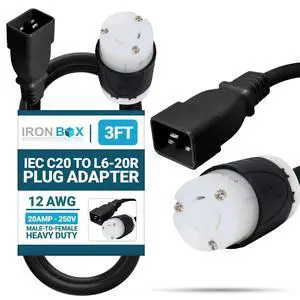 IronBox Electric - Heavy Duty IEC C20 to L6-20R Plug Adapter Power Cord - 12 AWG Jacket - Rated for 20 Amps and 250V - UL Listed Extension Cable - Ideal for Server Racks and Data Centers (3 feet) IronBox Electric - Heavy Duty IEC C20 to L6-20R Plug Adapter Power Cord - 12 AWG Jacket - Rated for 20 Amps and 250V - UL Listed Extension Cable - Ideal for Server Racks and Data Centers (3 feet)