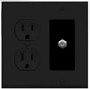 (2 Gang Decorative) 15 Amp Round Power Outlet Coax Cable TV Wall Plate - Black (2 Gang Decorative) 15 Amp Round Power Outlet Coax Cable TV Wall Plate - Black