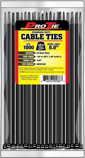 Pro Tie Standard Duty, Self-Locking UV Nylon Cable Wire Ties for Indoor and Outdoor Use |8-Inch, 50 lbs. Tensile Strength, UV Black Nylon, 1000-Pack (PN: B8SD1000) Pro Tie Standard Duty, Self-Locking UV Nylon Cable Wire Ties for Indoor and Outdoor Use |8-Inch, 50 lbs. Tensile Strength, UV Black Nylon, 1000-Pack (PN: B8SD1000)