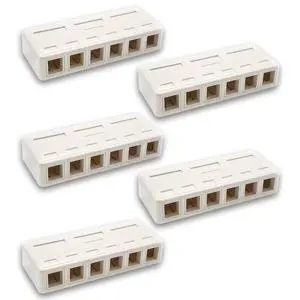 Keystone Jack Surface Mount Box White, Biscuit for RJ45, RJ11, RJ12 Keystone Jacks, UL Listed, RoHs Compliant (5-Pack, 6-Port) Keystone Jack Surface Mount Box White, Biscuit for RJ45, RJ11, RJ12 Keystone Jacks, UL Listed, RoHs Compliant (5-Pack, 6-Port)