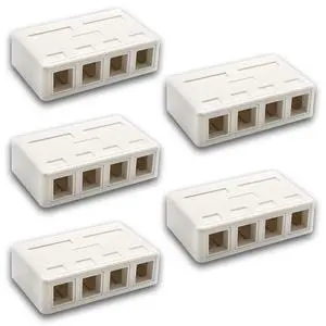 Keystone Jack Surface Mount Box White, Biscuit for RJ45, RJ11, RJ12 Keystone Jacks, UL Listed, RoHs Compliant (5-Pack, 4-Port) Keystone Jack Surface Mount Box White, Biscuit for RJ45, RJ11, RJ12 Keystone Jacks, UL Listed, RoHs Compliant (5-Pack, 4-Port)