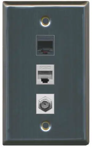 1 Port Coax Cable TV- F-Type 1 Phone RJ11 RJ12 1 Cat5e Ethernet Wall Plate - Stainless Steel 1 Port Coax Cable TV- F-Type 1 Phone RJ11 RJ12 1 Cat5e Ethernet Wall Plate - Stainless Steel
