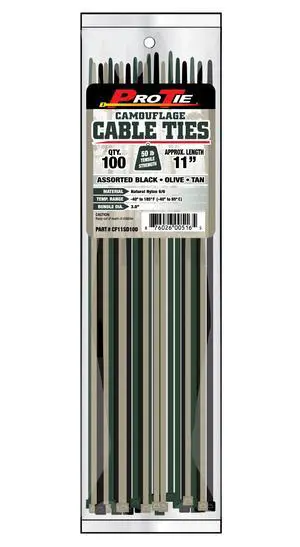 Pro Tie Standard Duty, Self-Locking Nylon Cable Wire Ties for Indoor and Outdoor Use |11.8-Inch, 50 lbs. Tensile Strength, Camouflage Nylon, 100-Pack (PN: CF11SD100) Pro Tie Standard Duty, Self-Locking Nylon Cable Wire Ties for Indoor and Outdoor Use |11.8-Inch, 50 lbs. Tensile Strength, Camouflage Nylon, 100-Pack (PN: CF11SD100)