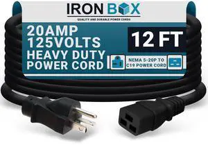 IronBox Electric 5-20P to C19 Power Cords - 20A,125V,12/3 SJT - UL Listed Extension Cable Adapter - Power Supply Cables - Heavy Duty Plug and Cord for Computer, PDU, Data Centers & More (12ft, Molded) IronBox Electric 5-20P to C19 Power Cords - 20A,125V,12/3 SJT - UL Listed Extension Cable Adapter - Power Supply Cables - Heavy Duty Plug and Cord for Computer, PDU, Data Centers & More (12ft, Molded)