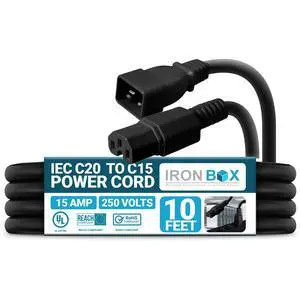IronBox Electric - IEC C20 to C15 Power Cord - Rated for 15A/250V - 14/3 AWG Jacket - Premium Power Cable for Data Centers - Ideal for Connecting Computers & Servers to Rack Mount PDUs (10 feet) IronBox Electric - IEC C20 to C15 Power Cord - Rated for 15A/250V - 14/3 AWG Jacket - Premium Power Cable for Data Centers - Ideal for Connecting Computers & Servers to Rack Mount PDUs (10 feet)