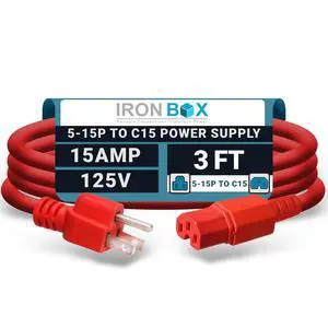 IronBox Electric - Heavy-Duty 5-15P to C15 Power Supply Cable - 15A 125V, 14/3 SJT Cord - Male End 5-15 Plug/Female End C15 Connector - UL Listed PC Power Cord - (Red, 3 Foot) IronBox Electric - Heavy-Duty 5-15P to C15 Power Supply Cable - 15A 125V, 14/3 SJT Cord - Male End 5-15 Plug/Female End C15 Connector - UL Listed PC Power Cord - (Red, 3 Foot)