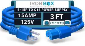 IronBox Electric - Heavy-Duty 5-15P to C15 Power Supply Cable - 15A 125V, 14/3 SJT Cord - Male End 5-15 Plug/Female End C15 Connector - UL Listed PC Power Cord - (Blue, 3 Foot) IronBox Electric - Heavy-Duty 5-15P to C15 Power Supply Cable - 15A 125V, 14/3 SJT Cord - Male End 5-15 Plug/Female End C15 Connector - UL Listed PC Power Cord - (Blue, 3 Foot)