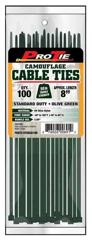 Pro Tie Standard Duty, Self-Locking Nylon Cable Wire Ties for Indoor and Outdoor Use | 8-Inch, 50 lbs. Tensile Strength, Olive Green Nylon, 100-Pack (PN: CFO8SD100) Pro Tie Standard Duty, Self-Locking Nylon Cable Wire Ties for Indoor and Outdoor Use | 8-Inch, 50 lbs. Tensile Strength, Olive Green Nylon, 100-Pack (PN: CFO8SD100)