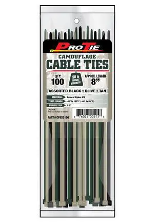 Pro Tie Standard Duty, Self-Locking Nylon Cable Wire Ties for Indoor and Outdoor Use | 8-Inch, 50 lbs. Tensile Strength, Olive Green Nylon, 100-Pack (PN: CF8SD100) Pro Tie Standard Duty, Self-Locking Nylon Cable Wire Ties for Indoor and Outdoor Use | 8-Inch, 50 lbs. Tensile Strength, Olive Green Nylon, 100-Pack (PN: CF8SD100)