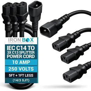 IronBox Electric IEC C14 to 3X C13 Splitter Power Cord - 10A, 250V, 14/3 SJT - Heavy Duty Outlet Splitter - UL Listed Cable Extension Cord for Monitor, Computer, Data Centers & More (5ft + 1ft Legs) IronBox Electric IEC C14 to 3X C13 Splitter Power Cord - 10A, 250V, 14/3 SJT - Heavy Duty Outlet Splitter - UL Listed Cable Extension Cord for Monitor, Computer, Data Centers & More (5ft + 1ft Legs)