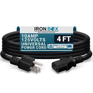 IronBox Electric NEMA 5-15 Plug to IEC C13 Connector Power Cords - 10A,125V, 18/3 SJT - UL Listed Universal Power Supply Cable - Jumper Cord for Computer, Monitor, Desktop, Speaker & More (4ft, Black) IronBox Electric NEMA 5-15 Plug to IEC C13 Connector Power Cords - 10A,125V, 18/3 SJT - UL Listed Universal Power Supply Cable - Jumper Cord for Computer, Monitor, Desktop, Speaker & More (4ft, Black)