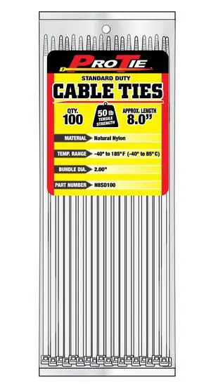 Pro Tie Standard Duty, Self-Locking Nylon Cable Wire Ties for Indoor and Outdoor Use | 8-Inch, 50 lbs. Tensile Strength, Natural Nylon, 100-Pack (PN: N8SD100) Pro Tie Standard Duty, Self-Locking Nylon Cable Wire Ties for Indoor and Outdoor Use | 8-Inch, 50 lbs. Tensile Strength, Natural Nylon, 100-Pack (PN: N8SD100)