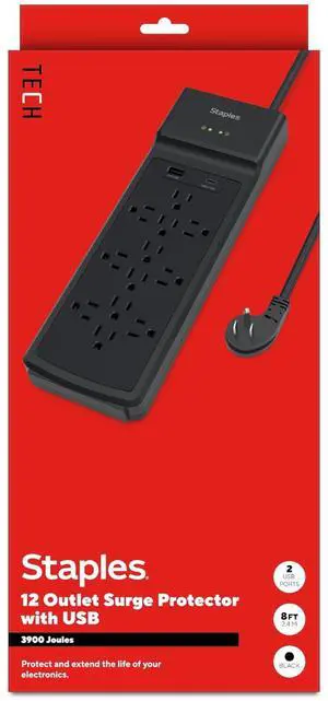 TECH 12-Outlet Surge Protector, 2 USB Ports, 8 Ft Cord, 3900J | Flat offset plug for home and office electronics. Black, braided cord TECH 12-Outlet Surge Protector, 2 USB Ports, 8 Ft Cord, 3900J | Flat offset plug for home and office electronics. Black, braided cord