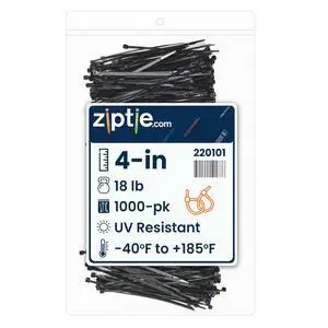 4-inch UV Resistant Black Multi-Purpose Cable Tie, 18-lb Tensile Strength, UL 21 Listed, 1,000-Pack 4-inch UV Resistant Black Multi-Purpose Cable Tie, 18-lb Tensile Strength, UL 21 Listed, 1,000-Pack