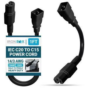 IronBox Electric - IEC C20 to C15 Power Cord - Rated for 15A/250V - 14/3 AWG Jacket - Premium Power Cable for Data Centers - Ideal for Connecting Computers & Servers to Rack Mount PDUs (1 feet) IronBox Electric - IEC C20 to C15 Power Cord - Rated for 15A/250V - 14/3 AWG Jacket - Premium Power Cable for Data Centers - Ideal for Connecting Computers & Servers to Rack Mount PDUs (1 feet)