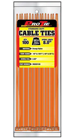 Pro Tie Standard Duty, Self-Locking Nylon Cable Wire Ties for Indoor and Outdoor Use | 8-Inch, 50 lbs. Tensile Strength, Orange Nylon, 100-Pack (PN: OR8SD100) Pro Tie Standard Duty, Self-Locking Nylon Cable Wire Ties for Indoor and Outdoor Use | 8-Inch, 50 lbs. Tensile Strength, Orange Nylon, 100-Pack (PN: OR8SD100)