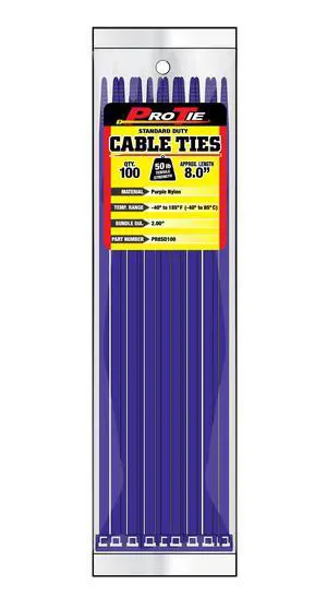 Pro Tie Standard Duty, Self-Locking Nylon Cable Wire Ties for Indoor and Outdoor Use | 8-Inch, 50 lbs. Tensile Strength, Purple Nylon, 100-Pack (PN: PR8SD100) Pro Tie Standard Duty, Self-Locking Nylon Cable Wire Ties for Indoor and Outdoor Use | 8-Inch, 50 lbs. Tensile Strength, Purple Nylon, 100-Pack (PN: PR8SD100)