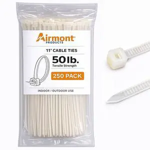 (250 Pack) 11 Inch White Zip Ties, 50 lb Nylon Cable Ties, UL Listed Self Locking Wire Ties for Electrical Cable Management, Tie Wraps, and Cord Organization (250 Pack) 11 Inch White Zip Ties, 50 lb Nylon Cable Ties, UL Listed Self Locking Wire Ties for Electrical Cable Management, Tie Wraps, and Cord Organization