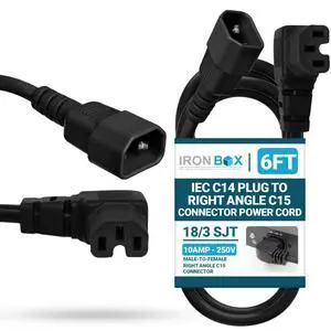 IronBox Electric IEC C14 Plug to Right Angle C15 Connector Power Cords - 10A, 250V, 18/3 SJT - Heavy Duty Power Supply Extension Cord - UL Listed Power Cable for Computer, PDU, Monitor & More (6 ft) IronBox Electric IEC C14 Plug to Right Angle C15 Connector Power Cords - 10A, 250V, 18/3 SJT - Heavy Duty Power Supply Extension Cord - UL Listed Power Cable for Computer, PDU, Monitor & More (6 ft)