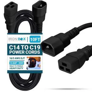 IronBox Electric C14 to C19 Power Cords - 13A, 250V, 16/3 AWG SJT - UL Listed Power Supply Cable - Heavy Duty Power Cord Extension for Computer, Monitor, PDU, Desktop, Audio and More (10 ft, Black) IronBox Electric C14 to C19 Power Cords - 13A, 250V, 16/3 AWG SJT - UL Listed Power Supply Cable - Heavy Duty Power Cord Extension for Computer, Monitor, PDU, Desktop, Audio and More (10 ft, Black)