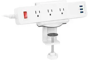 Desk Clamp Power Strip, 3 Outlets & 3 USB Ports, White | Surge-protected clamp mount fits desks 0.4-2" thick, built-in cable management for standing desks & home offices Desk Clamp Power Strip, 3 Outlets & 3 USB Ports, White | Surge-protected clamp mount fits desks 0.4-2" thick, built-in cable management for standing desks & home offices
