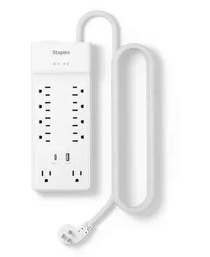 TECH 10-Outlet Surge Protector, 2 USB Ports, 6 Ft Cord, 3000J | Flat offset plug for home and office electronics. White, braided cord TECH 10-Outlet Surge Protector, 2 USB Ports, 6 Ft Cord, 3000J | Flat offset plug for home and office electronics. White, braided cord