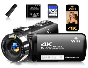 4K Video Camera Camcorder with 64GB SD Card, 56MP WiFi Vlogging Camera for YouTube, IR Night Vision, 3.0" Touch Screen, 18X Zoom, Webcam & Remote, Black 4K Video Camera Camcorder with 64GB SD Card, 56MP WiFi Vlogging Camera for YouTube, IR Night Vision, 3.0" Touch Screen, 18X Zoom, Webcam & Remote, Black
