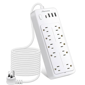 25 FT Power Strip with 1625W/13A, 14 Outlets and 4 USB Ports (1 USB-C), 16AWG, 1700J Flat Plug, White, ETL Listed 25 FT Power Strip with 1625W/13A, 14 Outlets and 4 USB Ports (1 USB-C), 16AWG, 1700J Flat Plug, White, ETL Listed