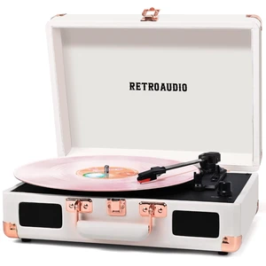 Vinyl Record Player with Built-in Speakers 3-Speed Vintage Record Player Bluetooth Portable Suitcase Turntable Belt-Driven LP Player Support RCA Output and Headphone Output (White Rose Gold) Vinyl Record Player with Built-in Speakers 3-Speed Vintage Record Player Bluetooth Portable Suitcase Turntable Belt-Driven LP Player Support RCA Output and Headphone Output (White Rose Gold)
