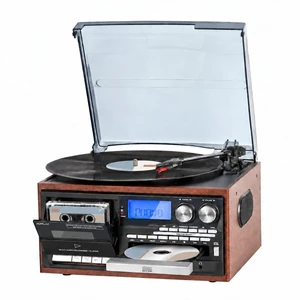 Multi-Format 9-in-1 Record Player for Bedroom and Study, 3-Speed Turntable with Bluetooth Input, CD/Cassette, USB/SD, AM/FM Radio, Built-in Speakers, RCA Line Out, Headphone Jack, Remote, Light Brown Multi-Format 9-in-1 Record Player for Bedroom and Study, 3-Speed Turntable with Bluetooth Input, CD/Cassette, USB/SD, AM/FM Radio, Built-in Speakers, RCA Line Out, Headphone Jack, Remote, Light Brown