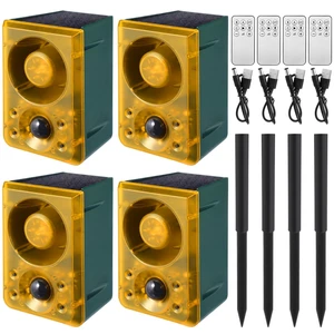 4 Pcs Solar Outdoor Motion Sensor Alarm with Stake 129 dB, Yellow Gunshot Sound Dog Barking 3 Modes Support Recording Adjustable Volume USB Charging Loud Noise Maker for Animal Deterrent 4 Pcs Solar Outdoor Motion Sensor Alarm with Stake 129 dB, Yellow Gunshot Sound Dog Barking 3 Modes Support Recording Adjustable Volume USB Charging Loud Noise Maker for Animal Deterrent