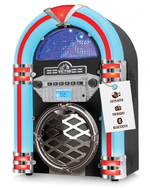 VDTJ-1550 Tabletop Jukebox with Bluetooth, CD Player & FM Radio 15" retro juke box music player, Mini digital speaker with color-changing LEDs, wireless streaming & AUX-in port, Black VDTJ-1550 Tabletop Jukebox with Bluetooth, CD Player & FM Radio 15" retro juke box music player, Mini digital speaker with color-changing LEDs, wireless streaming & AUX-in port, Black