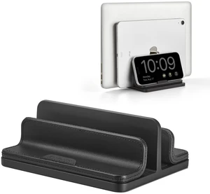 Dual Vertical Laptop Stand, 3 in 1 Upright Desktop Stand Holder with Adjustable Dock (Up to 17.3''), Leather Laptop Rack Storage Desk Organizer for Phone, Tablet, MacBook/HP/Dell/Chrome Book (Black) Dual Vertical Laptop Stand, 3 in 1 Upright Desktop Stand Holder with Adjustable Dock (Up to 17.3''), Leather Laptop Rack Storage Desk Organizer for Phone, Tablet, MacBook/HP/Dell/Chrome Book (Black)