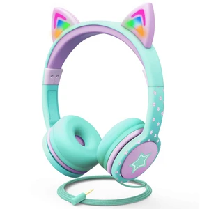 Kids Headphones with LED Cat Ears (85dB Safe Volume Limit), 3.5mm Soft On-Ear Wired Headphones with Tangle-Free Laced Cables for iPad/Tablet/School/Travel - Teal/Light Purple Kids Headphones with LED Cat Ears (85dB Safe Volume Limit), 3.5mm Soft On-Ear Wired Headphones with Tangle-Free Laced Cables for iPad/Tablet/School/Travel - Teal/Light Purple