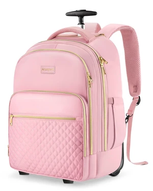 Rolling Backpack for Women, 17.3 Inch Travel Backpack with Wheels Wheeled Laptop Backpack, Water Resistant Carry On Luggage, Anti Theft Business Bag for Work College, Pink Gold Rolling Backpack for Women, 17.3 Inch Travel Backpack with Wheels Wheeled Laptop Backpack, Water Resistant Carry On Luggage, Anti Theft Business Bag for Work College, Pink Gold
