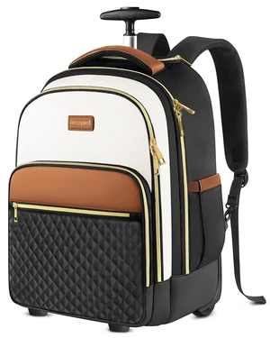 Rolling Backpack for Women, 17.3 Inch Travel Backpack with Wheels Wheeled Laptop Backpack, Water Resistant Carry On Luggage, Anti Theft Business Bag for Work College, Beige Brown Rolling Backpack for Women, 17.3 Inch Travel Backpack with Wheels Wheeled Laptop Backpack, Water Resistant Carry On Luggage, Anti Theft Business Bag for Work College, Beige Brown