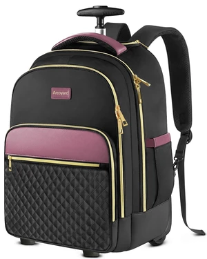 Rolling Backpack for Women, 17.3 Inch Travel Backpack with Wheels Wheeled Laptop Backpack, Water Resistant Carry On Luggage, Anti Theft Business Bag for Work College, Black Purple Rolling Backpack for Women, 17.3 Inch Travel Backpack with Wheels Wheeled Laptop Backpack, Water Resistant Carry On Luggage, Anti Theft Business Bag for Work College, Black Purple