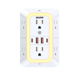 Outlet Extender, Surge Protector, 3-Sided Night Light Power Strip,ETL 6 AC Outlets, 4 USB (2 USB-C), Dusk to Dawn Sensor, Wide Spaced Multi Plug Outlet, 1050J, 1875W, for Home Office Dorm, White Outlet Extender, Surge Protector, 3-Sided Night Light Power Strip,ETL 6 AC Outlets, 4 USB (2 USB-C), Dusk to Dawn Sensor, Wide Spaced Multi Plug Outlet, 1050J, 1875W, for Home Office Dorm, White