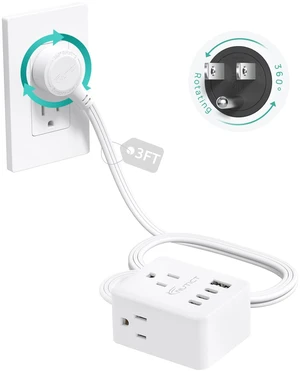 360° Rotating Flat Plug Power Strip with 3AC Outlets and 4 USB Ports 3FT Short Extension Cord, Wall Mountable, Compact Outlet Extender for Home Office Dorm Room, Cruise Travel Essentials, White 360° Rotating Flat Plug Power Strip with 3AC Outlets and 4 USB Ports 3FT Short Extension Cord, Wall Mountable, Compact Outlet Extender for Home Office Dorm Room, Cruise Travel Essentials, White