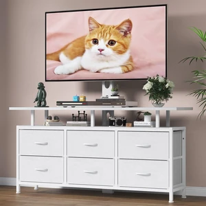 White TV Stand with Mount for 32/45/55/60/65/75 inch TVs, Entertainment Center with 6 Fabric Drawers & Open Shelf, TV Media Console for Living Room, Bedroom White TV Stand with Mount for 32/45/55/60/65/75 inch TVs, Entertainment Center with 6 Fabric Drawers & Open Shelf, TV Media Console for Living Room, Bedroom