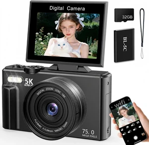 5K Digital Camera, 75MP Vlogging Camera for YouTube, Black WiFi, 3" flip screen, 18X zoom, 31 filters, beauty, 32GB, 1 battery; AF, webcam, time-lapse, slow-mo, smile shot, self 5K Digital Camera, 75MP Vlogging Camera for YouTube, Black WiFi, 3" flip screen, 18X zoom, 31 filters, beauty, 32GB, 1 battery; AF, webcam, time-lapse, slow-mo, smile shot, self