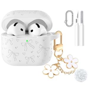 for Airpods 5 Case & Airpods 4 Cute Case Cover with Cleaner Kit Engraved Soft Silicone Protective Case for AirPods 4 & AirPods 5 with Flower Charm Keychain, Carabiner for Girly Women Men for Airpods 5 Case & Airpods 4 Cute Case Cover with Cleaner Kit Engraved Soft Silicone Protective Case for AirPods 4 & AirPods 5 with Flower Charm Keychain, Carabiner for Girly Women Men