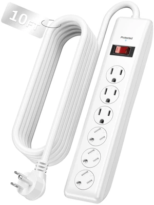 10FT 6 Outlet Power Strip Surge Protector, 600 Joules, Twist-to-Close Safety Covers, 90 Degree Flat Plug, Overload Protection, Long Extension Cord Power Strip for Home Office, TV and Bedroom 10FT 6 Outlet Power Strip Surge Protector, 600 Joules, Twist-to-Close Safety Covers, 90 Degree Flat Plug, Overload Protection, Long Extension Cord Power Strip for Home Office, TV and Bedroom