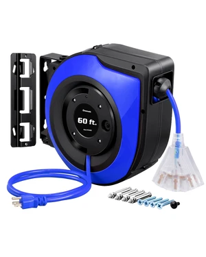 60FT Retractable Cord Reel, 12AWG/3C SJTOW Cord, UL Listed, Blue 15A Circuit Breaker, 3-Lighted Triple Outlets, Wall/Ceiling Mounted, 180° Swivel Bracket for Garage, Workshop 60FT Retractable Cord Reel, 12AWG/3C SJTOW Cord, UL Listed, Blue 15A Circuit Breaker, 3-Lighted Triple Outlets, Wall/Ceiling Mounted, 180° Swivel Bracket for Garage, Workshop