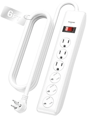 6FT 6 Outlet Power Strip Surge Protector, 600 Joules, Twist-to-Close Safety Covers, 90 Degree Flat Plug, Overload Protection, Wall Mount Power Strip for Home Office, Bedroom and Dorm 6FT 6 Outlet Power Strip Surge Protector, 600 Joules, Twist-to-Close Safety Covers, 90 Degree Flat Plug, Overload Protection, Wall Mount Power Strip for Home Office, Bedroom and Dorm