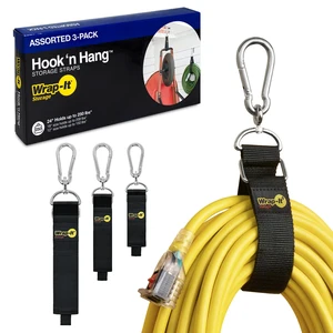 Hook 'n Hang Straps - Assorted 3-Pack Black Heavy Duty Extension Cord Holder with Hooks for Cord or Garden Hose Storage Hook 'n Hang Straps - Assorted 3-Pack Black Heavy Duty Extension Cord Holder with Hooks for Cord or Garden Hose Storage