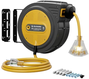 80FT Retractable Extension Cord Reel, 12 AWG/3C SJTOW Heavy Duty Power Cord with Lighted Triple Outlet, 15A Circuit Breaker, 180° Swivel Wall/Ceiling Mount Retractable Cord Reel, ETL Listed, Yellow 80FT Retractable Extension Cord Reel, 12 AWG/3C SJTOW Heavy Duty Power Cord with Lighted Triple Outlet, 15A Circuit Breaker, 180° Swivel Wall/Ceiling Mount Retractable Cord Reel, ETL Listed, Yellow