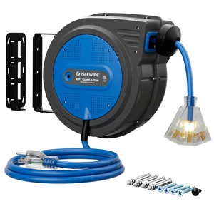 80FT Retractable Extension Cord Reel, 12 AWG/3C SJTOW Heavy Duty Power Cord with Lighted Triple Outlet, 15A Circuit Breaker, 180° Swivel Wall/Ceiling Mount Retractable Cord Reel, ETL Listed, Blue 80FT Retractable Extension Cord Reel, 12 AWG/3C SJTOW Heavy Duty Power Cord with Lighted Triple Outlet, 15A Circuit Breaker, 180° Swivel Wall/Ceiling Mount Retractable Cord Reel, ETL Listed, Blue
