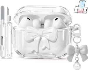 for AirPods Pro 3 Case 2025 with Safety Lock & Phone Stand, Cute Clear Pink 3D Bow Cover with Keychain & Cleaning Kit, Auto-Open TPU Protective Shell for AirPods Pro 3rd Generation Women Girls (White) for AirPods Pro 3 Case 2025 with Safety Lock & Phone Stand, Cute Clear Pink 3D Bow Cover with Keychain & Cleaning Kit, Auto-Open TPU Protective Shell for AirPods Pro 3rd Generation Women Girls (White)